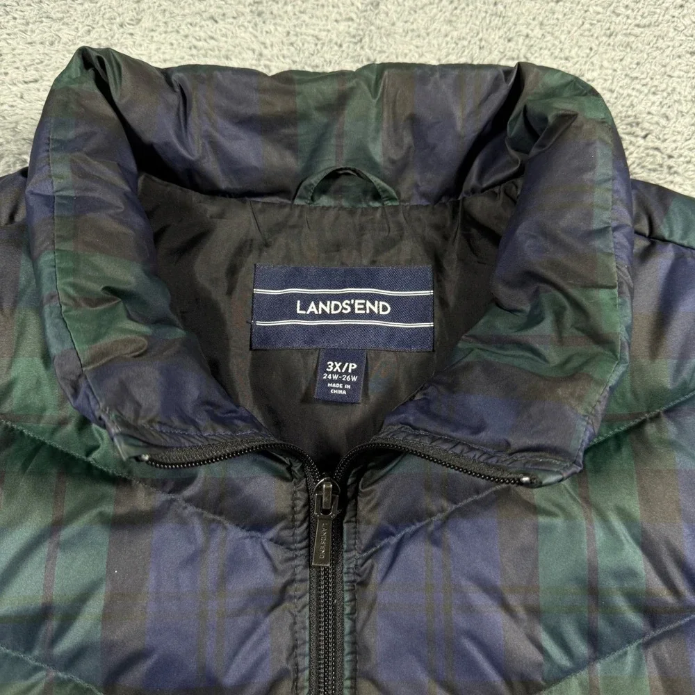 Lands End Black Watch Plaid Down Puffer Vest Full Zip Multicolor‎ Size 3XL
